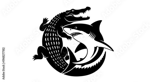 Dynamic confrontation between a powerful alligator and a fierce shark.