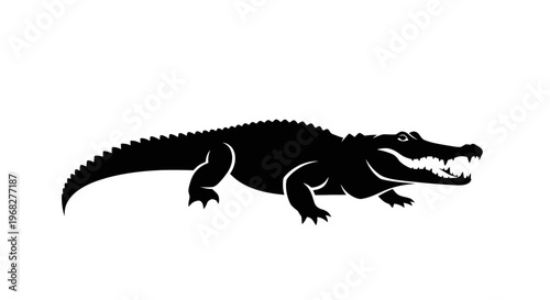 Black silhouette of an alligator with open mouth on a white background.