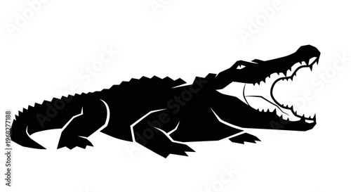 Black silhouette of an alligator with its mouth wide open, showcasing its sharp teeth, on a white background.