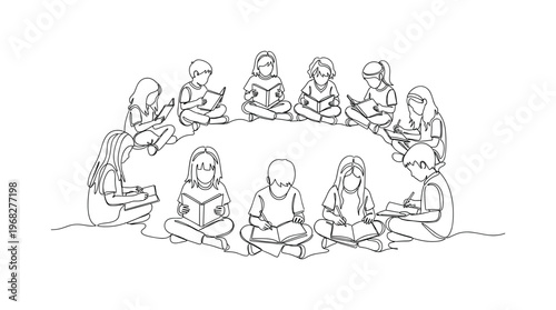 Inclusive Classroom. Minimalistic one-line drawing children sitting in circle reading and writing, continuous single black line on white background, simple