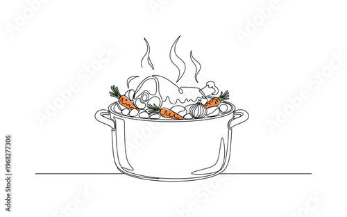 Pot Braising. Minimalistic one-line drawing meat and vegetables in pot with gentle steam rising, continuous single black line on white background, simple