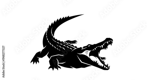 Black and white illustration of a fierce crocodile with its mouth wide open, showcasing sharp teeth and powerful jaws, isolated on a clean background.