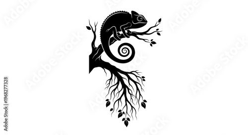 Chameleon on a tree branch with roots, black and white illustration.