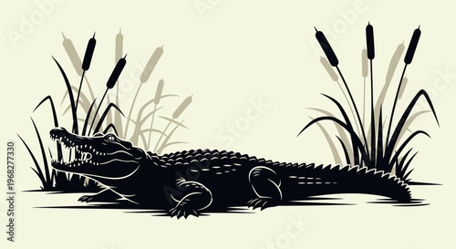 Alligator or crocodile in a swamp with reeds.