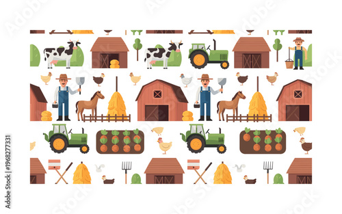 farmyard patterns seamless pattern, repeating pattern, surface design, textile print, modern illustration of farmers, barns, cows, horses, chickens, tractors,