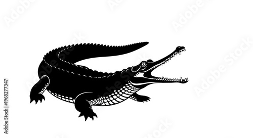 Black and white illustration of a gharial with its mouth open.