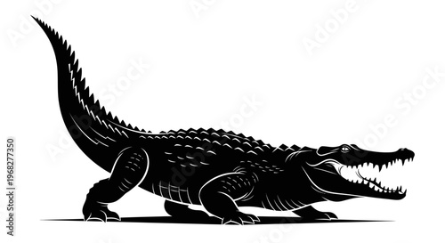 Black and white illustration of a menacing alligator with its mouth open, showcasing sharp teeth and scaly skin, isolated on a clean background.
