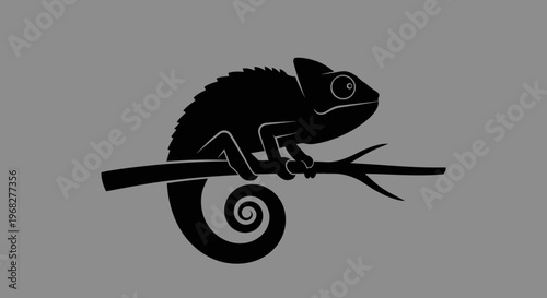 Chameleon Silhouette on Branch with Curled Tail.