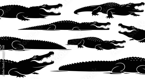 Alligator or crocodile silhouette set isolated on white background.