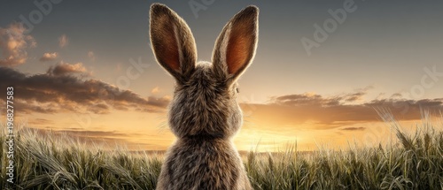 Nature's delight: the curious pose of an enchanting bunny. Visual poster. Delicate bunny in a sea of green: ears raised, hopes high. Cinema artwork. Epic poster.