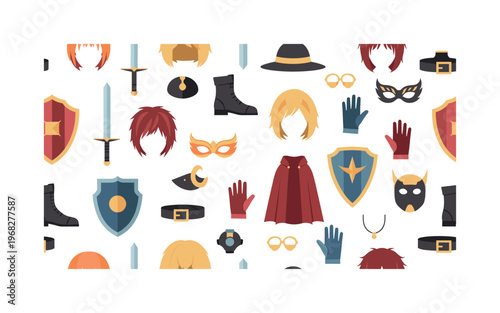 cosplay elements motifs seamless pattern, repeating pattern, surface design, textile print, modern illustration of wigs, swords, shields, masks, gloves, capes,
