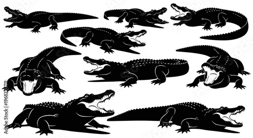 Collection of Alligator Silhouettes with Open Jaws and Various Poses.