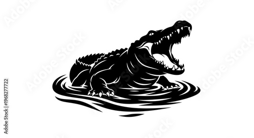 Alligator or crocodile with open mouth in water.