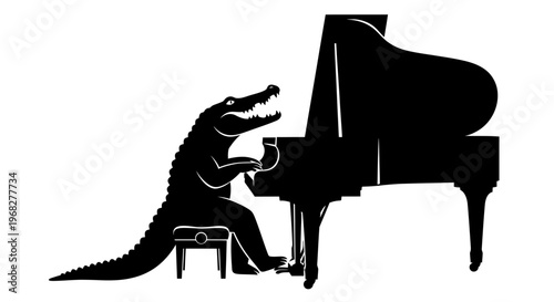 Alligator playing grand piano in a black and white silhouette.