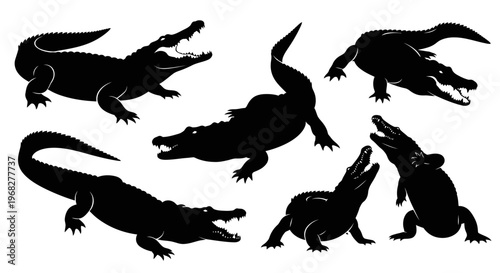 Collection of black crocodile and alligator silhouettes in various poses.