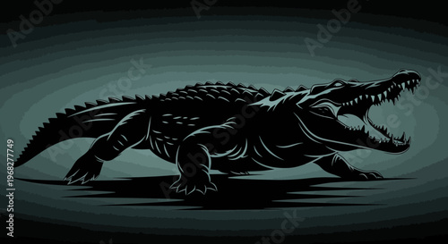 Fierce alligator with open mouth in dark illustration.