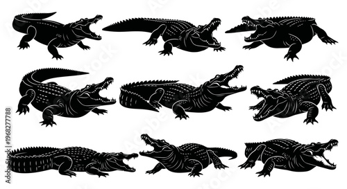 Collection of black silhouette crocodiles and alligators with open mouths.