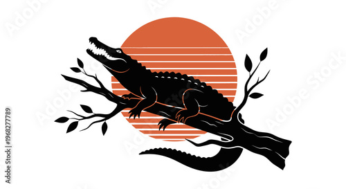 Alligator resting on a tree branch with a sunset background.