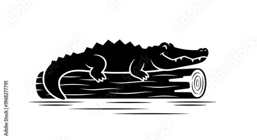 Alligator resting on a log in a black and white illustration.