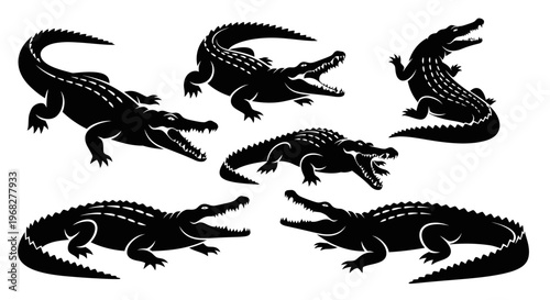 Collection of powerful alligator and crocodile silhouettes in various dynamic poses.