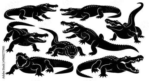 Collection of powerful alligator and crocodile silhouettes in various poses.