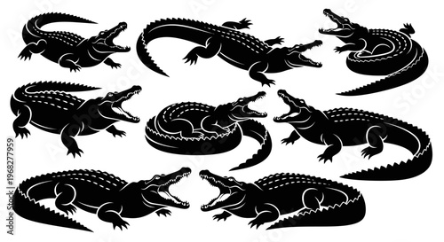 Collection of powerful crocodile and alligator silhouettes in various dynamic poses.