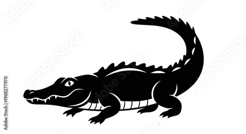 Black silhouette of a crocodile on a white background, a predatory reptile.