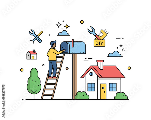 Replacing the mailbox neighborhood improvement concept where a person replaces a mailbox and neighbors watch while small sparkle and line icons emphasize