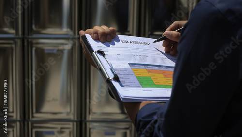 Billede på lærred Focused professional holds clipboard and document for safety hazard identificati