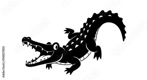 Black silhouette of a crocodile with an open mouth, isolated on a white background.