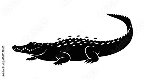 Black silhouette of a crocodile on a white background, side view, vector illustration.