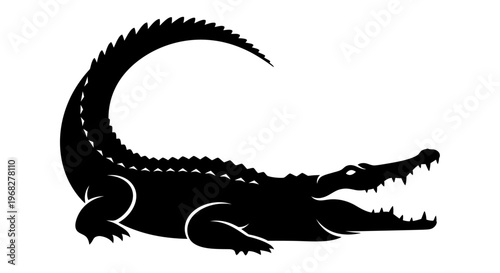 Black silhouette of a crocodile with open mouth and sharp teeth.