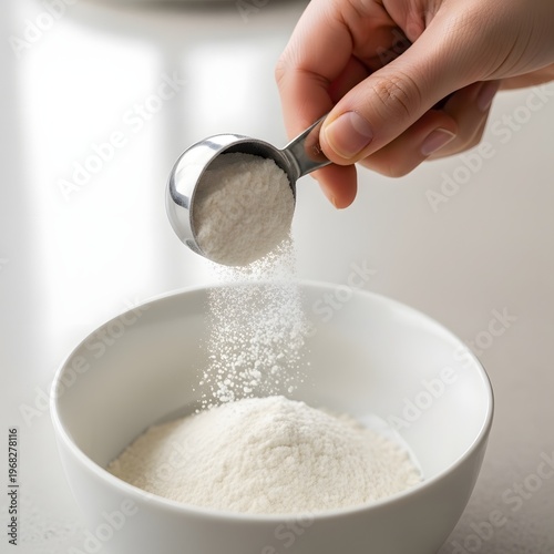 Pouring powdered substance from a measuring cup into a bowl