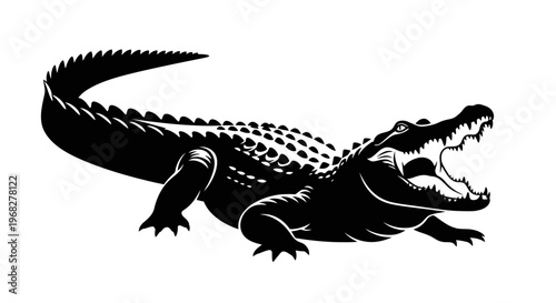 Powerful alligator silhouette with open jaws, a striking black and white illustration of a formidable reptile.