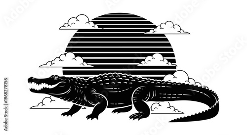 Alligator silhouette with sun and clouds in the background.