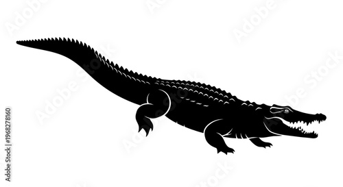 Powerful Alligator Silhouette with Open Jaws, a Striking Black and White Vector Illustration.