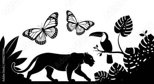 Jungle wildlife silhouettes with panther, toucan, and butterflies.