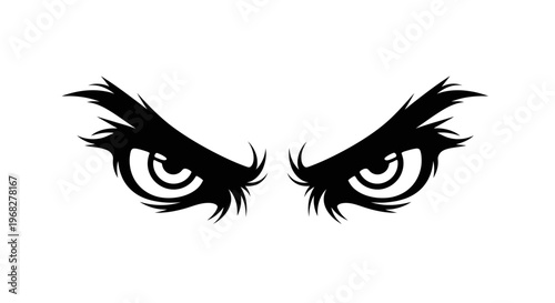 Intense black eyes with sharp brows on a white background, conveying a fierce and watchful expression.