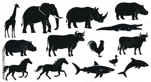 Collection of various animal silhouettes in black and white.