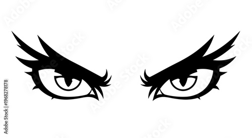 Intense black and white cartoon eyes with sharp brows.
