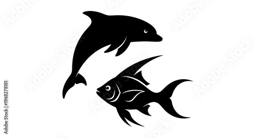 Black silhouette of a dolphin and a fish on a white background.