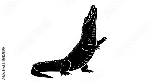 Alligator standing on hind legs black and white illustration.