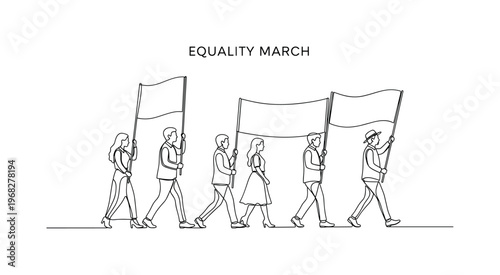 Equality March Scene. Minimalistic one-line drawing people walking with banners advocating human rights, continuous single black line on white background,