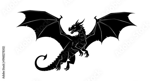 Majestic Black Dragon Flying with Spread Wings.
