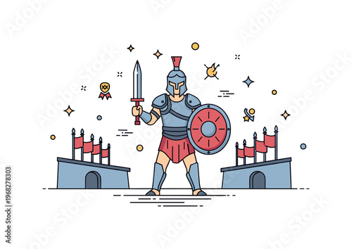 Battle-ready costumes gladiator arena concept where a fighter wears armor and shield while small sparkle and line icons emphasize bravery, competition, and