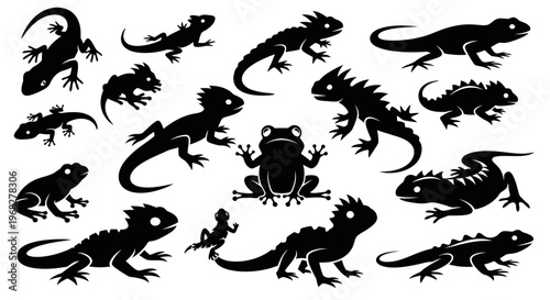 Collection of various lizard and frog silhouettes on a white background.
