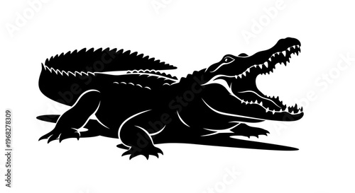 Black silhouette of a fierce alligator with open jaws.