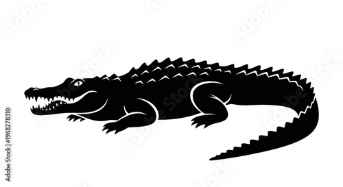 Black silhouette of a fierce alligator with open jaws.