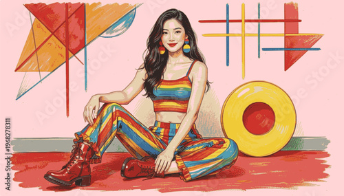  ilustración vibrante y estilizada con fondo dinámico de inspiración retro. muestra a una joven de cabello largo y oscuro sentada con colores vivos.