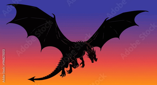 Majestic Black Dragon Soaring Across a Vibrant Sunset Sky.